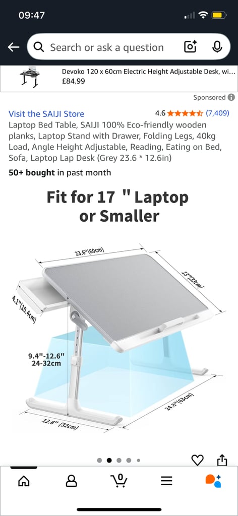 image for Bed laptop table, folding legs, angle height adjustbale