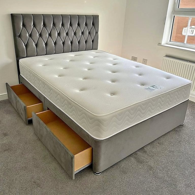 image for ]] Double Plush Velvet - Divan Bed With Mattress - Optional Drawers ]]