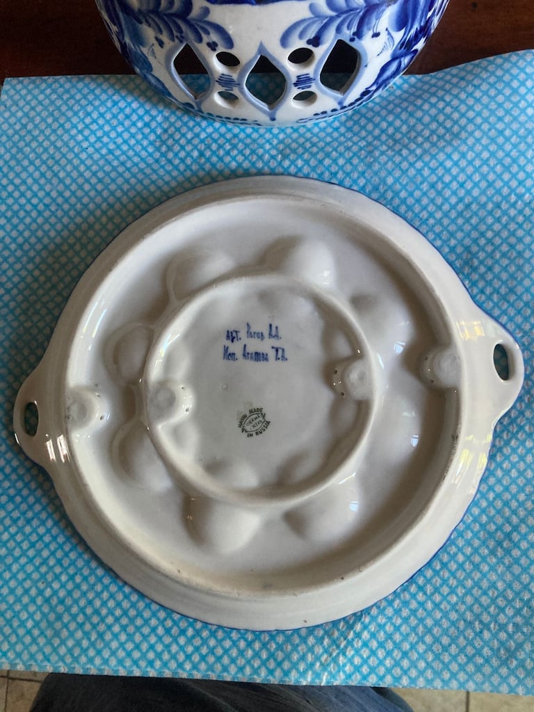 Vintage Gzhel Russian Porcelain Blue & White egg Serving plate and cover reasonable offers accepted