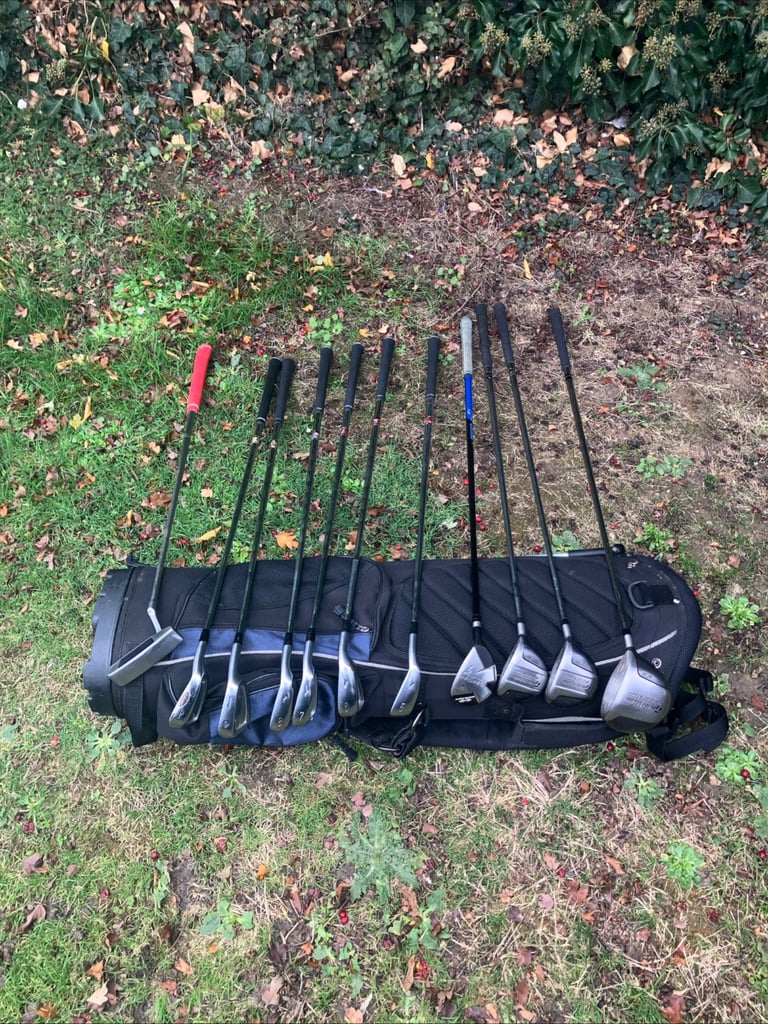 Men’s Golf Clubs Taylormade Steel Woods Mizuno Irons Trilogy Putter Stand Bag 