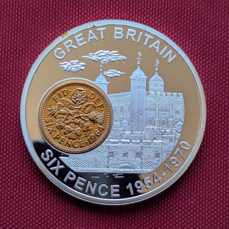 ♥NEW♥ GOLD-plated 1964 SIXPENCE loose in commemorative coin medallion