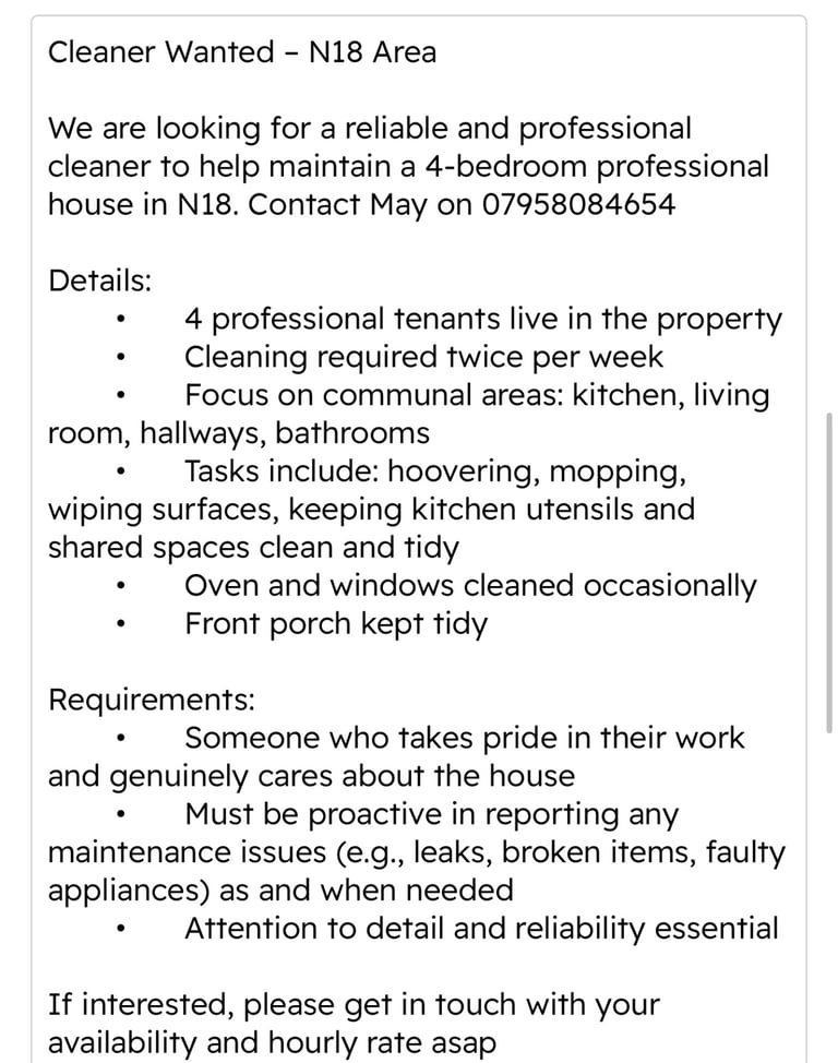 Housekeeper/ Cleaner wanted in N18 