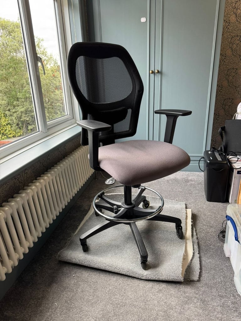 image for Ahrend 160 Draughtsman Chair – Adjustable Height, Grey Fabric Seat, Black Base