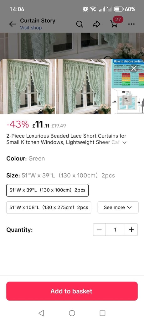 Curtains for kitchen window Green lace style curtains 130cm x 100cm (x two panels) 