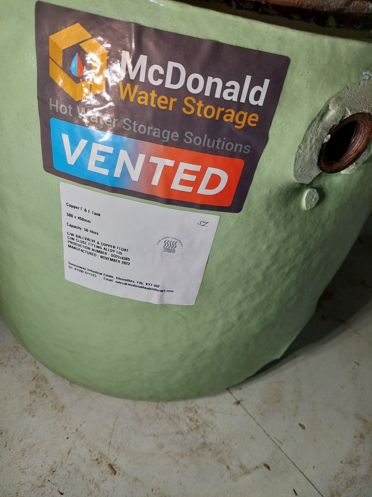McDonalds Engineers 50 litre copper header tank c/w lid and ballvalve with copper float.