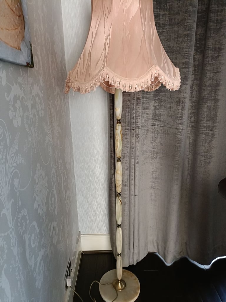 image for Vintage 1970's Onyx and brass Standard Lamp with pink lampshade