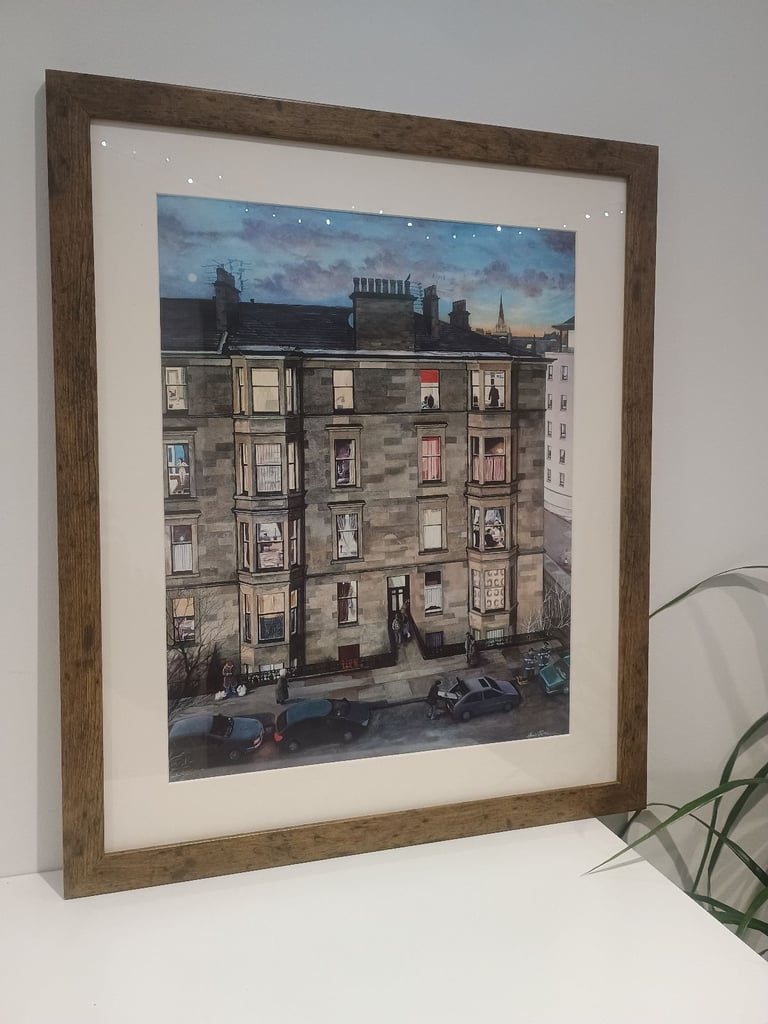 image for Avril Paton 'Neighbours' Framed Print Glasgow Tenement 2003 Watercolour Painting Scottish Artist 