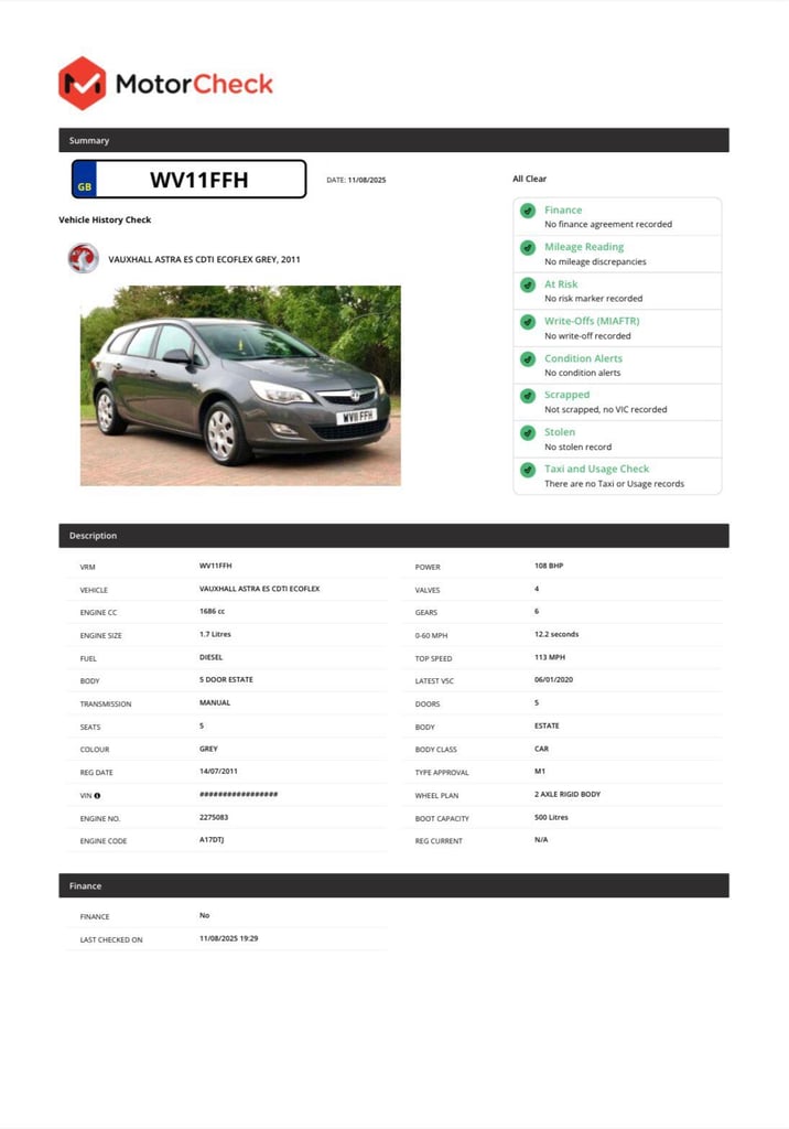 2011 VAUXHALL ASTRA TOURER 1.7 CTDi ecoFLEX ESTATE FULL SERVICE HISTORY LONG MOT 2 KEYS