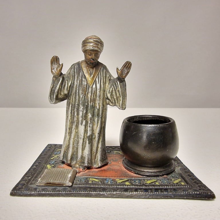 image for Antique Cast Metal Orientalist Ink Pot with Figure on Decorative Base