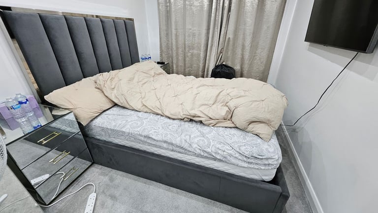 Grey Velvet King Size Ottoman Bed with High Headboard