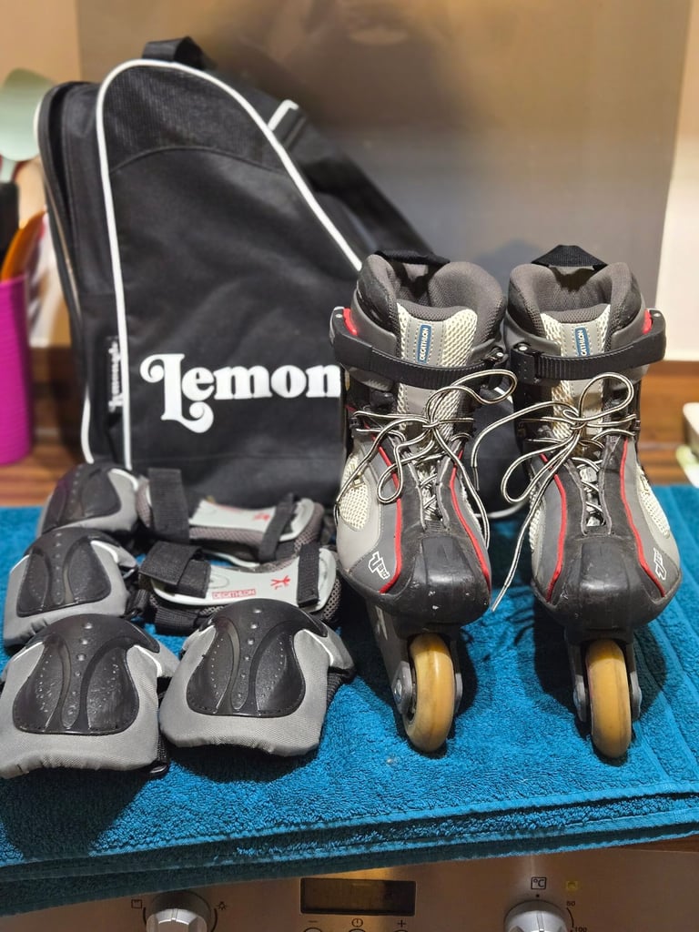 image for Decathlon UK6 Black Grey Inline Skates with Lemonade Bag and Protection Gear