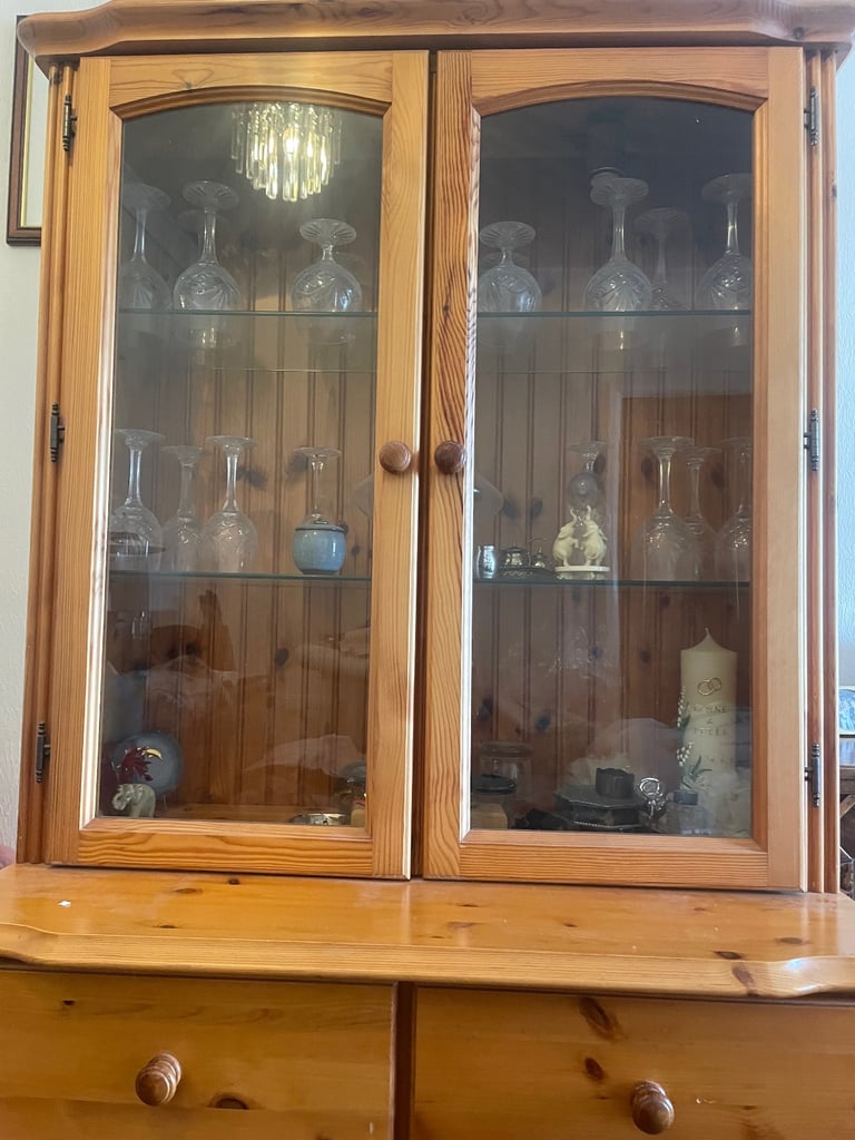 solid pine vintage 2 drawer and door dresser with a glass display unit with lights