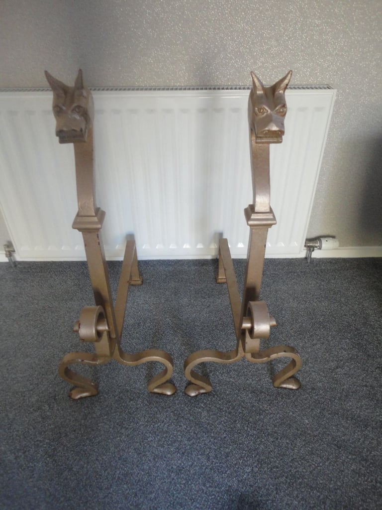 pair of heavy hand forged vintage ornate fire dogs , Andiron, wood burning fire 