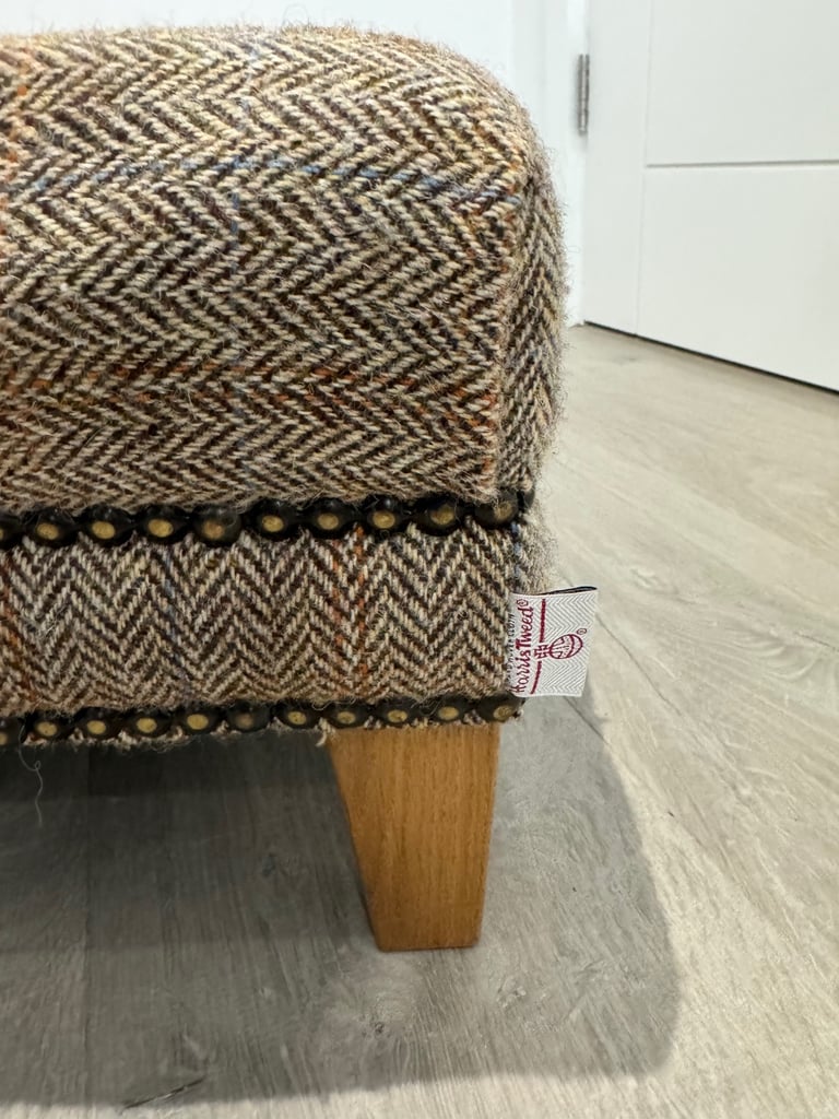 Harris Tweed Fabric Herringbone Buttoned Chesterfield Chair Low Footstool