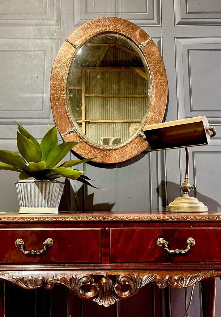 image for Antique Liberty Of London arts & crafts Newlyn Style Hammered copper oval mirror circa 1900