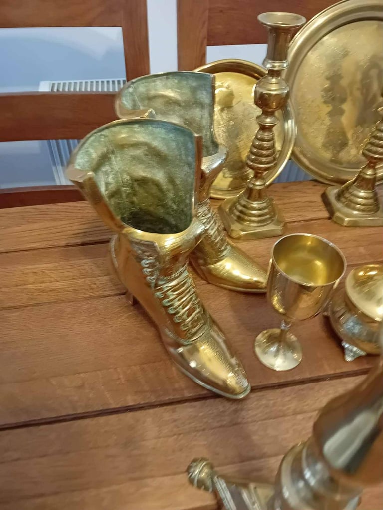 Brass candlesticks Boots Vases lots more Etc
