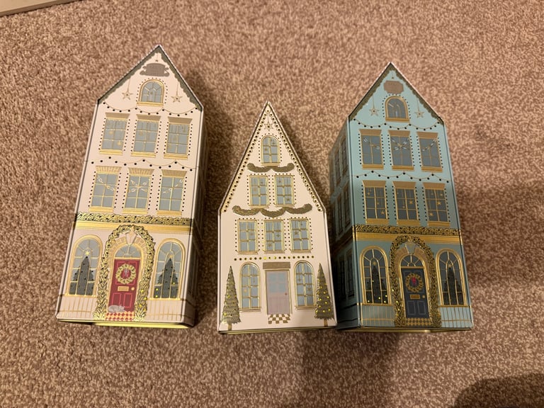 M&S 3 Biscuits / Tea Bag Light Up Christmas Houses Tins - Empty/Working