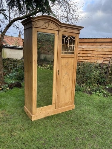 Vintage Art Nouveau large double pine wood wardrobe