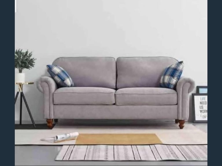 image for 3 Seater Sofa Couch Settee Fabric Sofa Living Room Sofa with Retro Design Black Legs (Grey)  