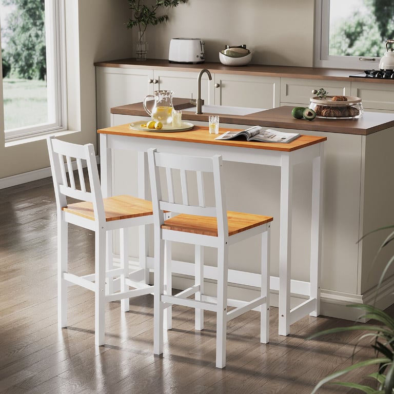 New Honey & White Solid Pine Wood Dining Table + 2 Chairs RRP £225 Our Price £140