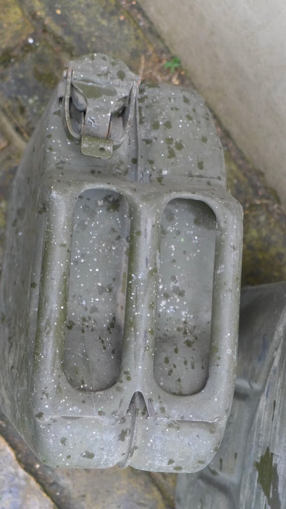 TWO LARGE VINTAGE HEAVY DUTY METAL JERRY CANS. FUEL STORAGE. FUEL CARRYING CANS. 20 Litres.