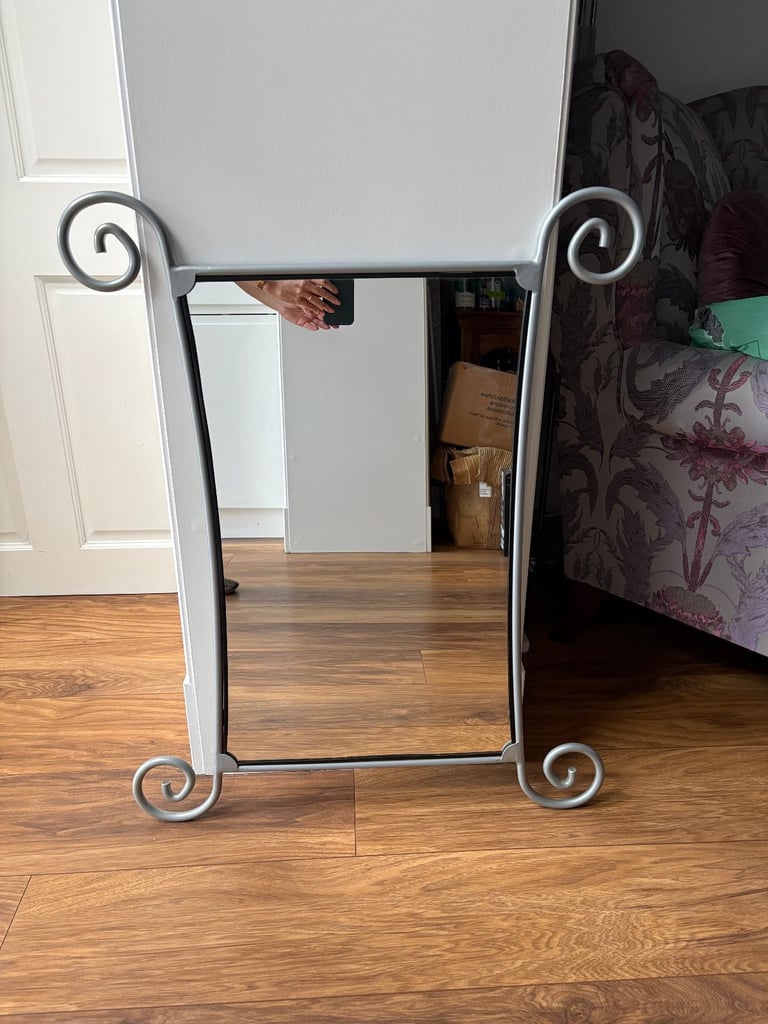 image for Silver-toned Metal Framed Mirror with Scrollwork Accents