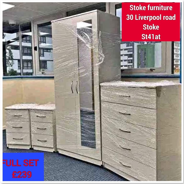 WARDROBE WITH MIRROR + CHEST + 2 BEDSIDE CABINETS £239 ! 