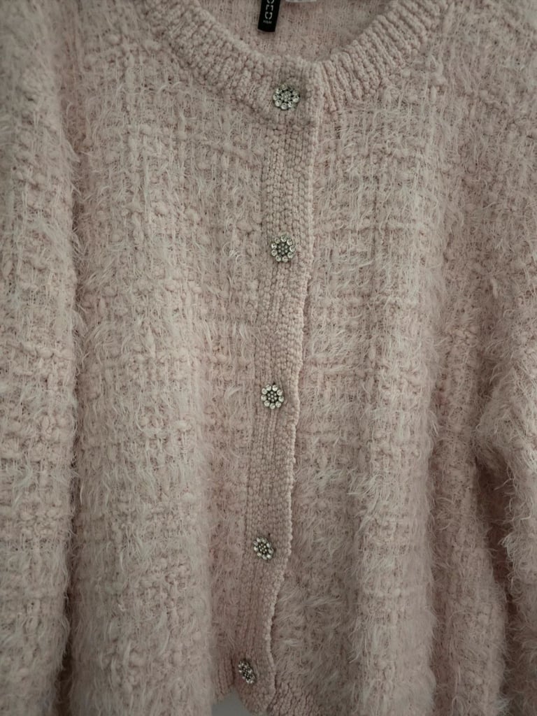 H&M Divided Pink Fluffy Knitted Cardigan With Rhinestone Buttons