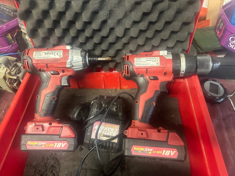 Workzone Titanium 18V Li-Ion Drill & Impact Driver kit Like Milwaukee Tool carry Case.