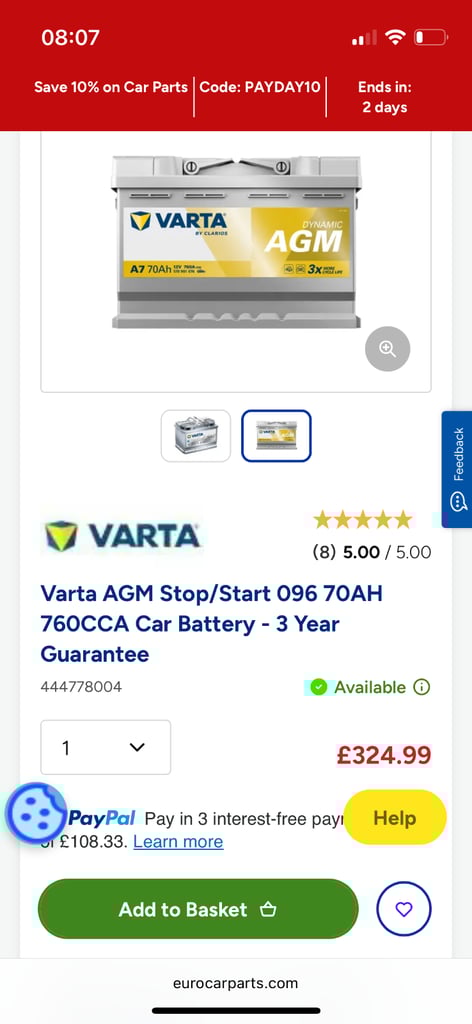 Varta 096 AGM stop/start battery. Brand new.