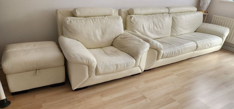 image for 3 piece Italian leather sofa set, 3 seater, armchair, footstool in ivory good condition  used 