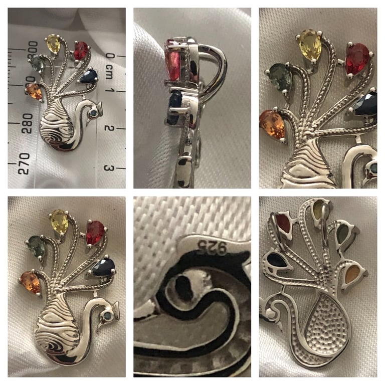 image for Mixed Sapphires peacock Pendant Silver 925 new 