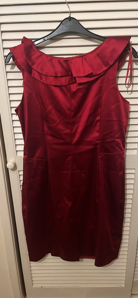 red satin ruffle-neck dress