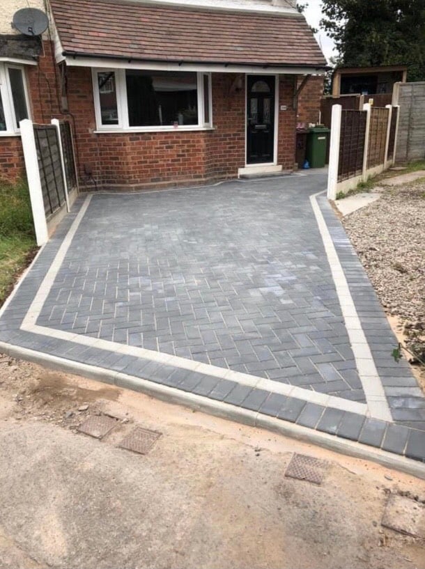 Block paving Indian stone flags tarmac turf fence 