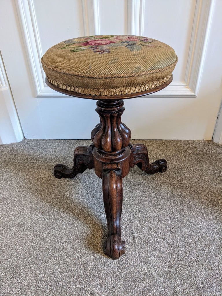 Antique Victorian Revolving Piano Stool with tapestry top.