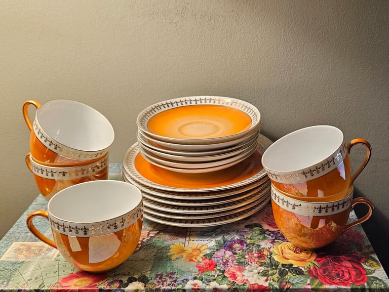Vintage "Victoria China" Lustre Orange Tea Cups, Saucers & Cake Plates - Set of 5
