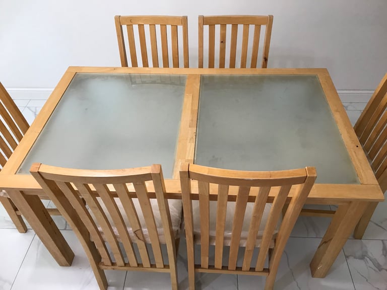 Oak wooden & glass dining table with 6 chairs on OFFER