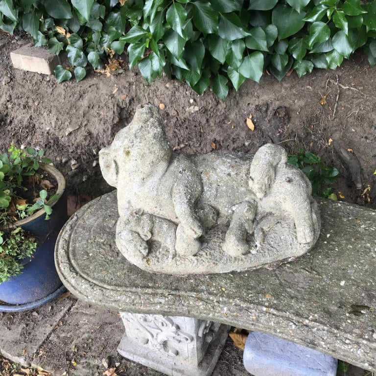 Heavy Concrete Pig and Four Piglets Garden Ornament.