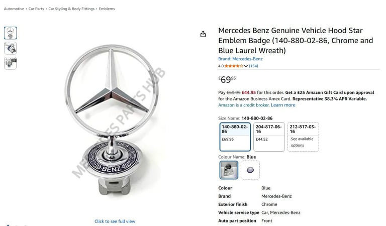 Mercedes Benz genuine raised hood star emblem chrome blue