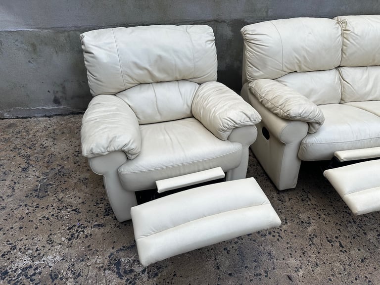 Cream leather 2 seater sofa & manual recliner armchair 