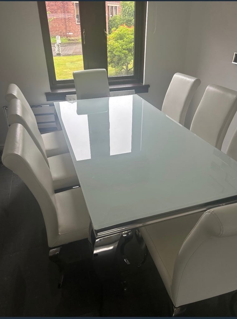 8 Seater White Glass Dining Table 