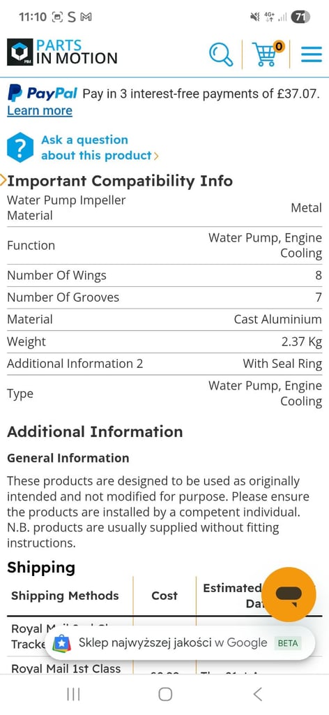 Blue Print ADM59178 Water Pump, engine cooling for ford,land rover, mazda, 