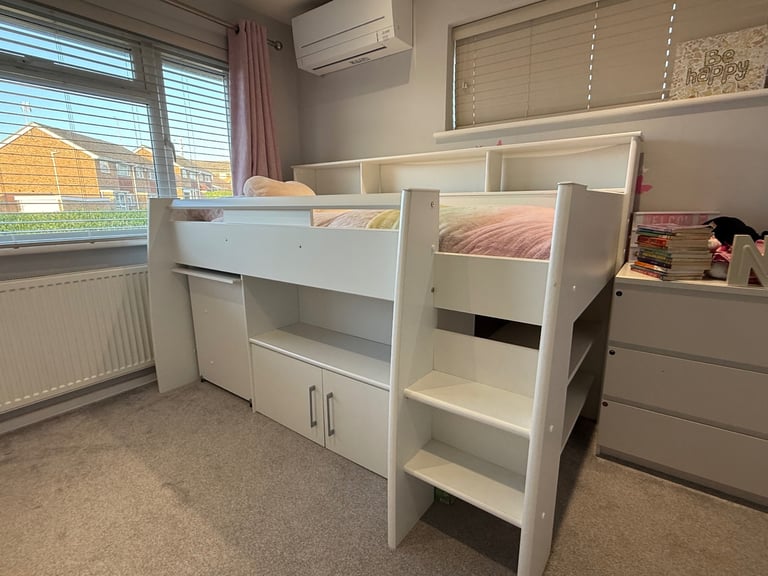 GLTC White kids mid height cabin bed and mattress 