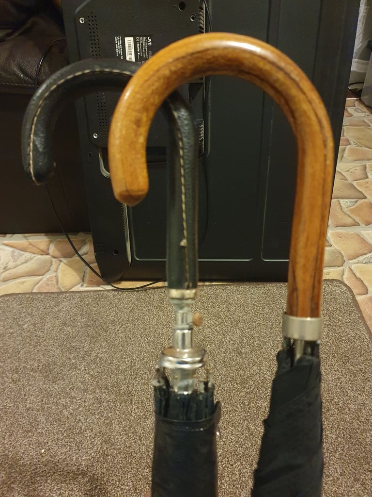 2 Vintage Pop Up Umbrellas, Great Condition For Age, No Damage, Clean, Wood & Leather Handles