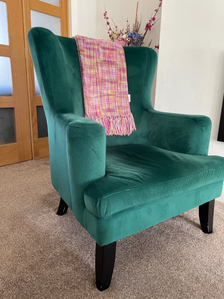 Jade green armchair, velvet feel, high back, 