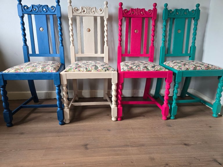 image for REFURBISHED Set of 4 Vintage Dining Chairs Throne Style Bohemian Peacock - Possible Local Delivery