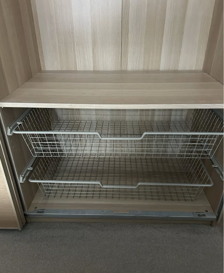 LARGE IKEA PAX White Oak Wardrobe, 2 Hang Rail, 5 Shelf & 3 wire drawers, 200x236 FREE DELIVERY 038