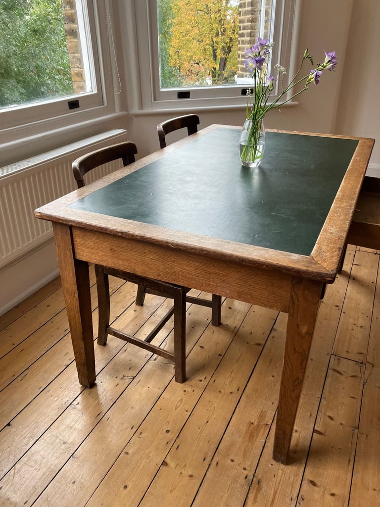 image for Vintage government table/desk and 4 chairs, oak and brass, good condition