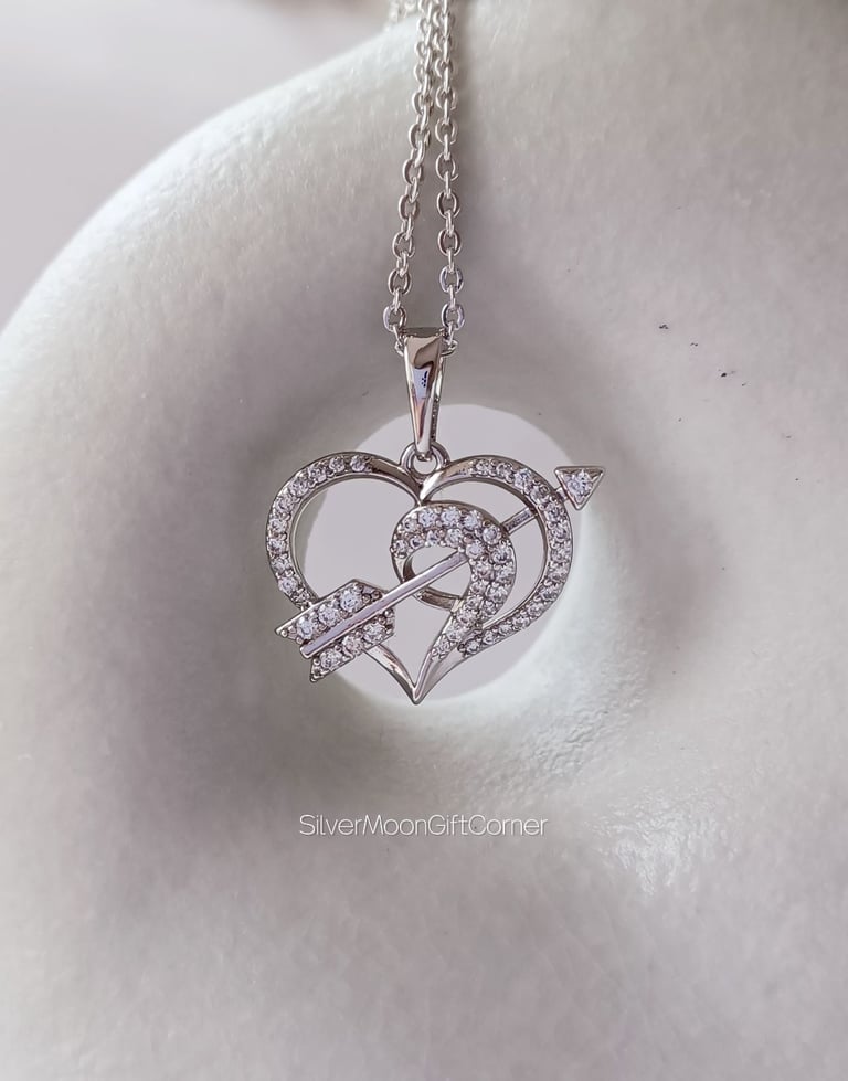 image for Platinum Plated Sparkling Cupid Arrow Heart Pendant with CZ for Girls & Women