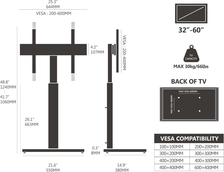 Free Standing Tv Stand for up to 32inch to 60inch Tvs 